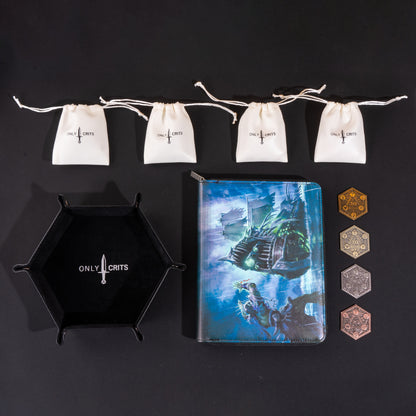 Collector's Chroma Dice Bundle with premium dice binder, hexagonal dice tray, four Chroma metal dice sets in drawstring bags, and four collectible inspiration coins for DnD and tabletop RPG players.