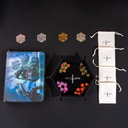 Collector's Chroma Dice Bundle featuring a premium dice binder, hexagonal dice tray, four dice bags, and four metal inspiration coins for Dungeons & Dragons and tabletop RPGs
