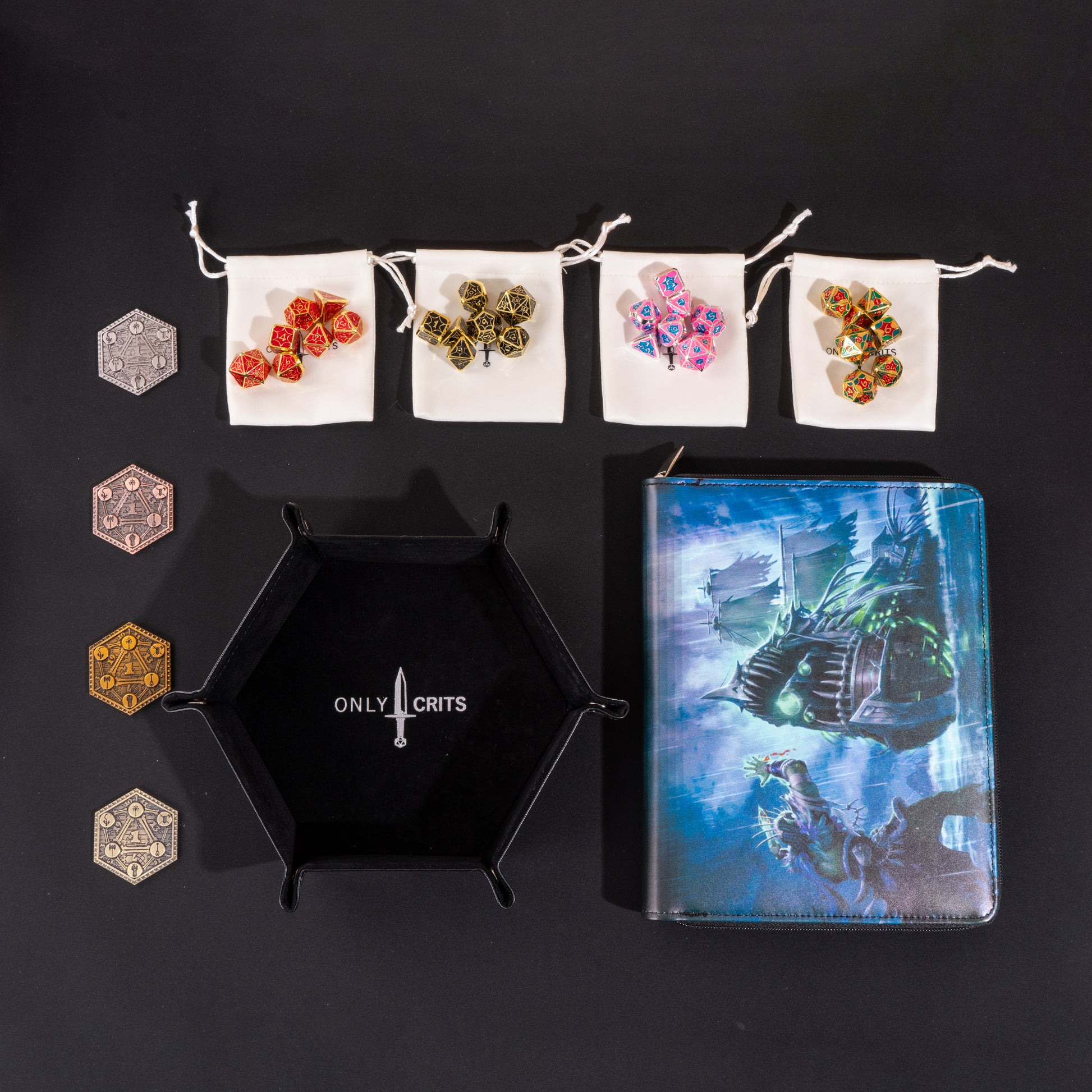 Collector's Chroma Dice Bundle with premium dice binder, hexagonal dice tray, four Chroma metal dice sets in storage bags, and four collectible inspiration coins for tabletop RPG players.