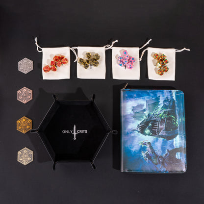 Collector's Chroma Dice Bundle with premium dice binder, hexagonal dice tray, four Chroma metal dice sets in storage bags, and four collectible inspiration coins for tabletop RPG players.