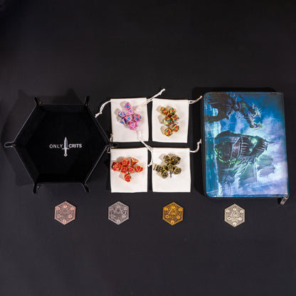 Collector's Chroma Dice Bundle arranged with four Chroma metal dice sets, premium dice binder, hexagonal dice tray, four dice bags, and collectible inspiration coins