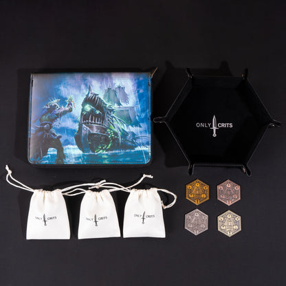 Collector's Dagger Dice Bundle displaying a premium dice binder, hexagonal dice tray, three Dagger metal dice sets with matching dice bags, and four metal inspiration coins for DnD and tabletop RPG players