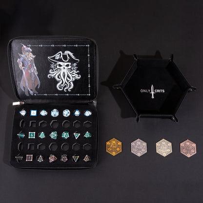 Collector's Dagger Dice Bundle with an open premium dice binder displaying three Dagger metal dice sets, alongside a hexagonal dice tray and four collectible inspiration coins.