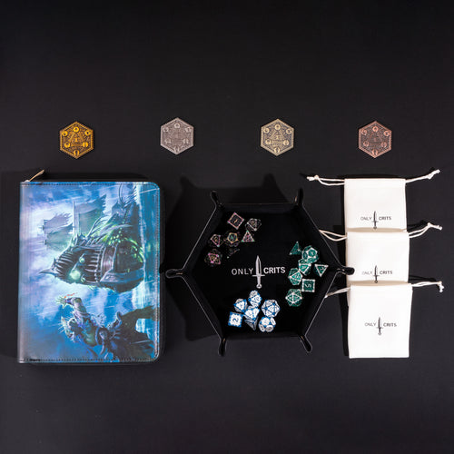 Collector's Dagger Dice Bundle featuring a premium dice binder, hexagonal dice tray, three dice bags, and four metal inspiration coins for Dungeons & Dragons and tabletop RPGs