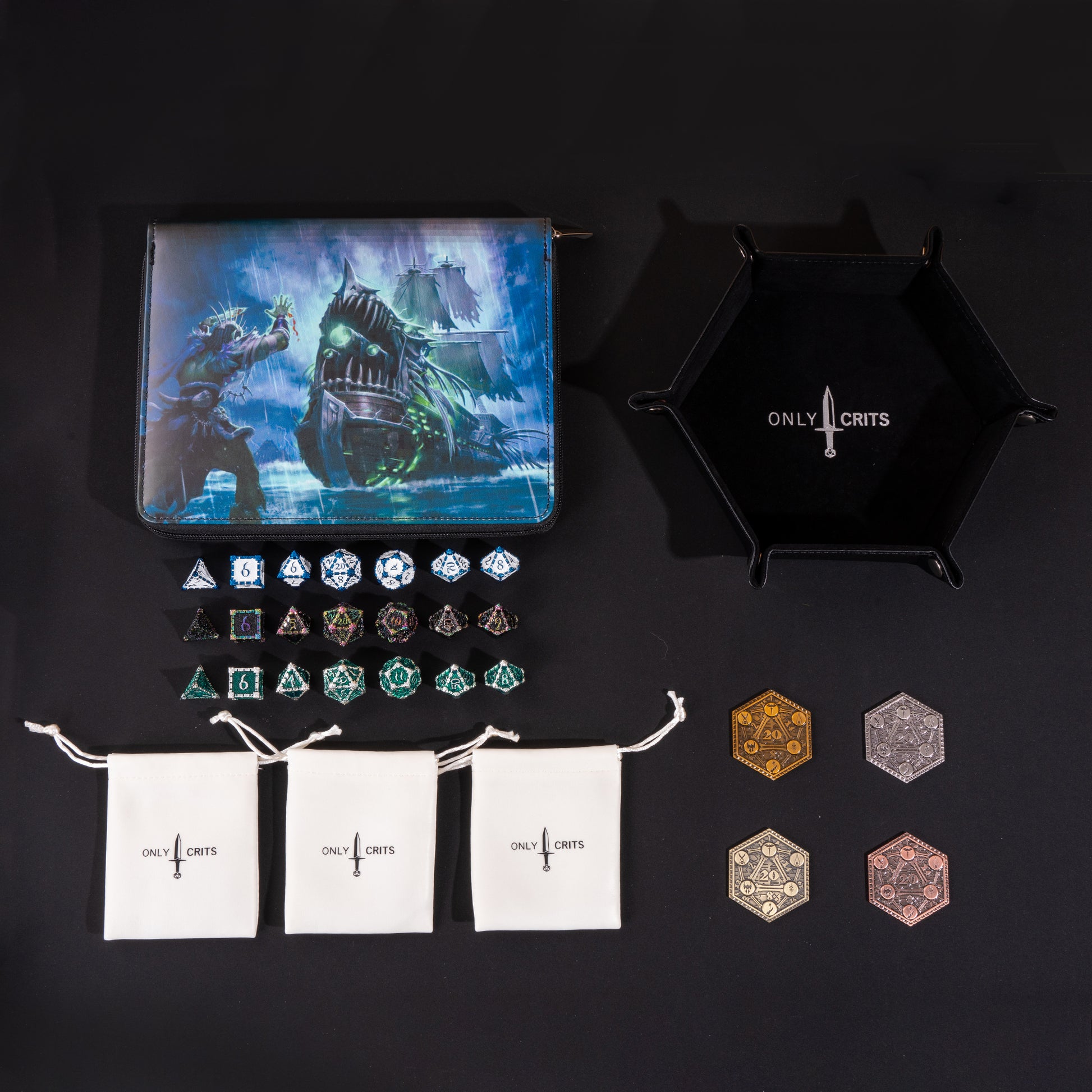 Collector's Dagger Dice Bundle with premium dice binder, hexagonal dice tray, three Dagger metal dice sets in a dice tray, three dice bags, and four collectible inspiration coins