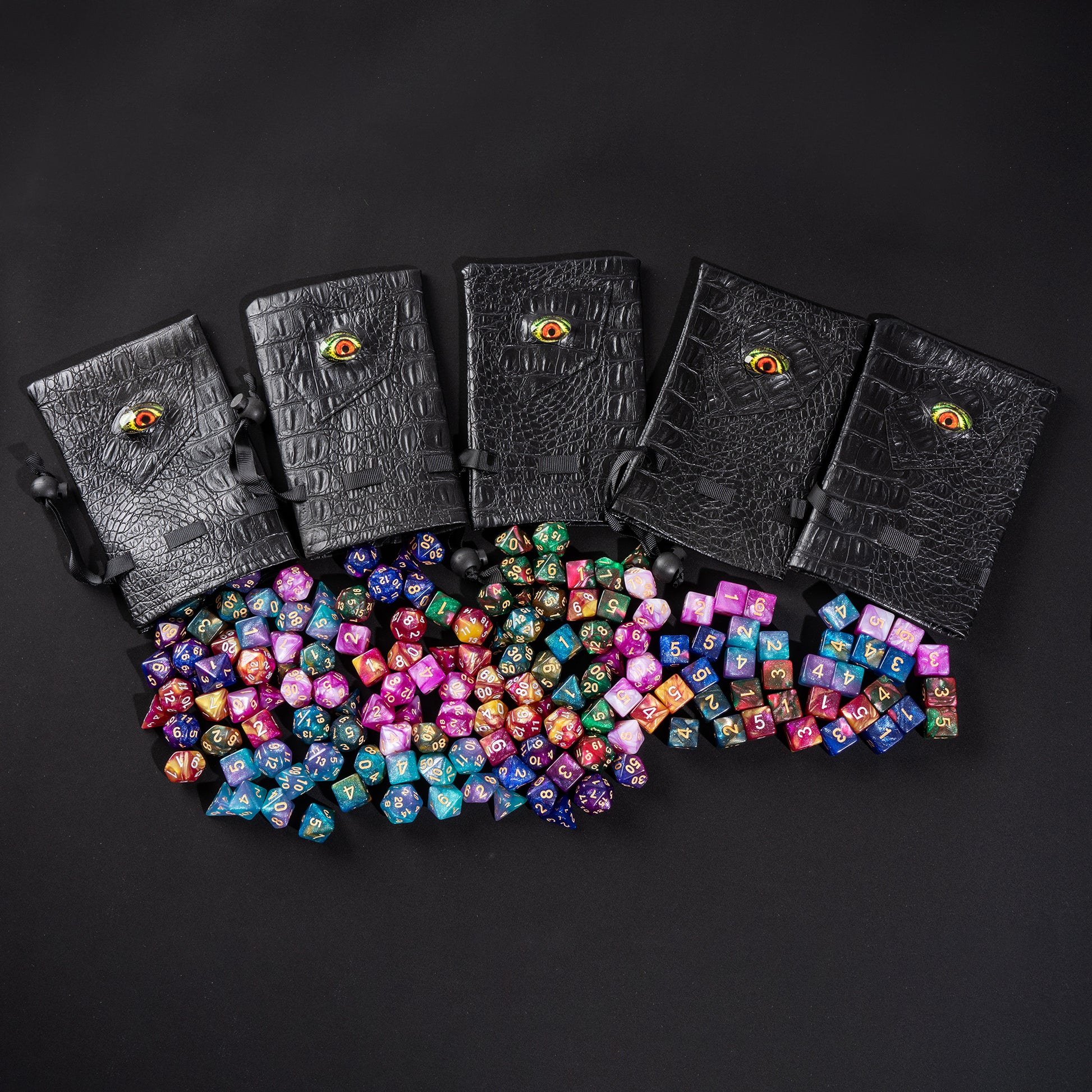 Collector's Dragon Eye Dice Bundle with five Dragon Eye dice bags and premium Only Crits dice tray for storing DnD dice collections.