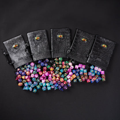 Collector's Dragon Eye Dice Bundle with five Dragon Eye dice bags and premium Only Crits dice tray for storing DnD dice collections.
