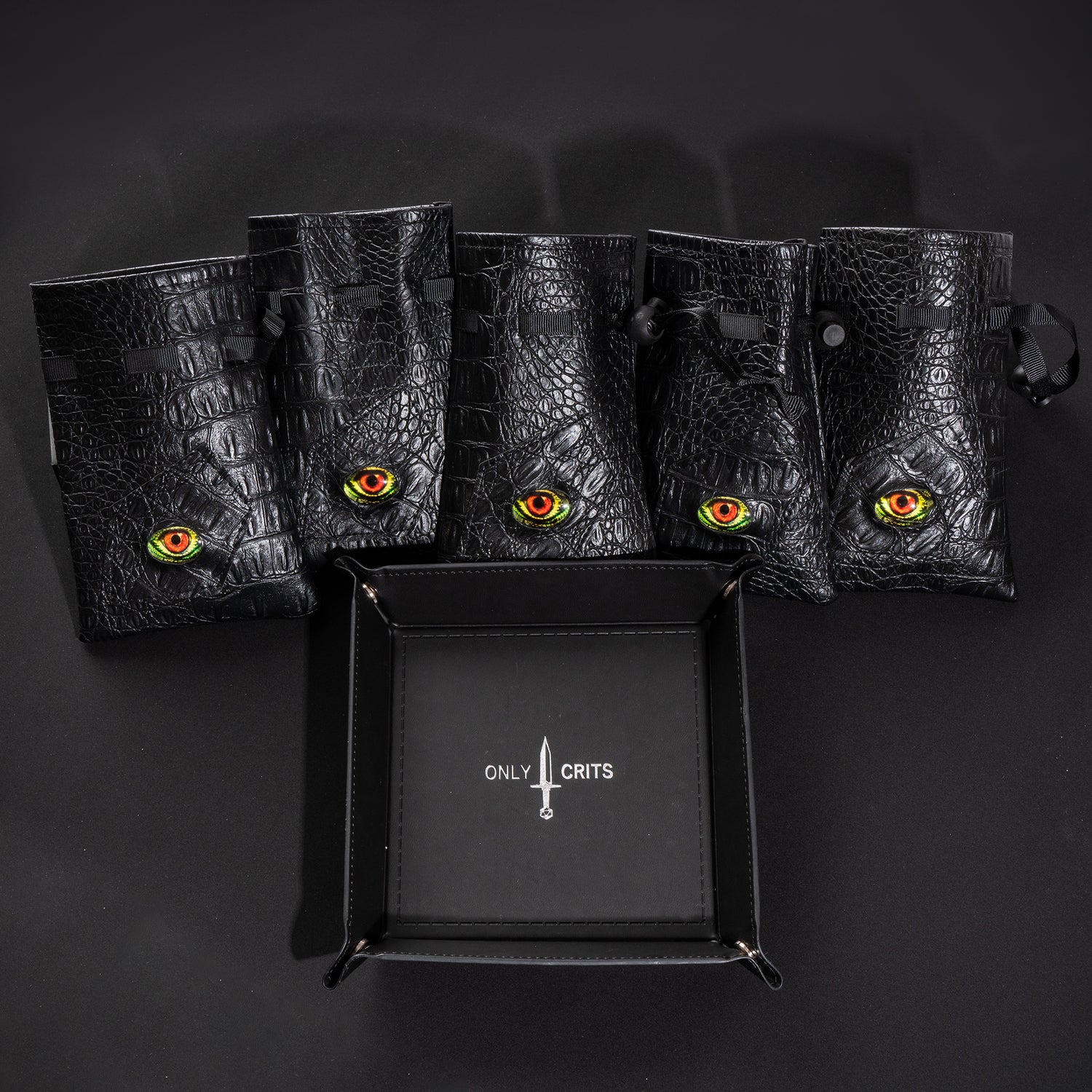 Collector's Dragon Eye Dice Bundle with five Dragon Eye dice bags and premium Only Crits dice tray for storing DnD dice collection
