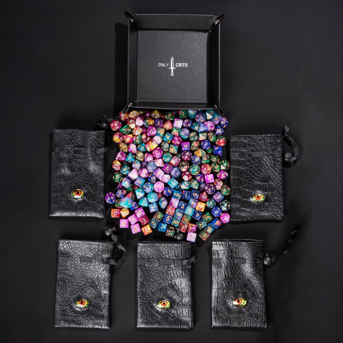 Collector's Dragon Eye Dice Bundle with Dragon Eye dice case, premium dice tray, and metal inspiration coins for DnD and tabletop RPG players