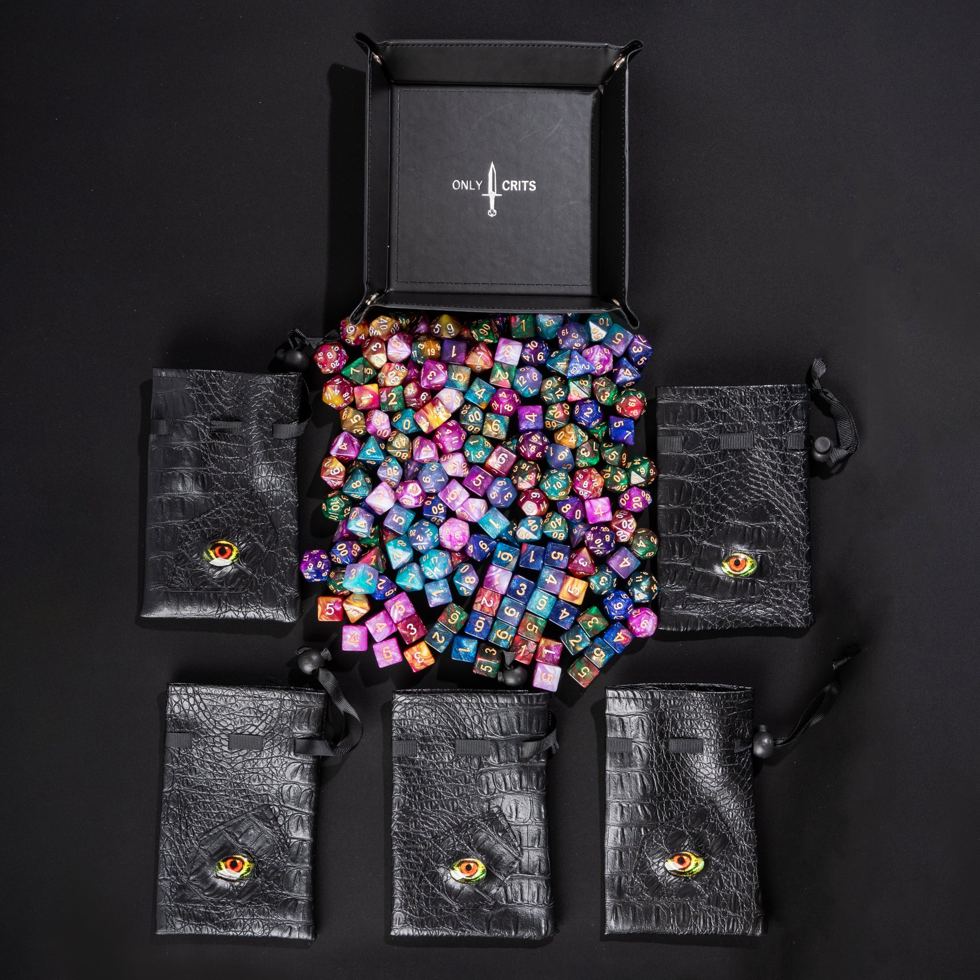 Collector's Dragon Eye Dice Bundle with Dragon Eye dice case, premium dice tray, and metal inspiration coins for DnD and tabletop RPG players