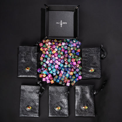 Collector's Dragon Eye Dice Bundle with Dragon Eye dice case, premium dice tray, and metal inspiration coins for DnD and tabletop RPG players