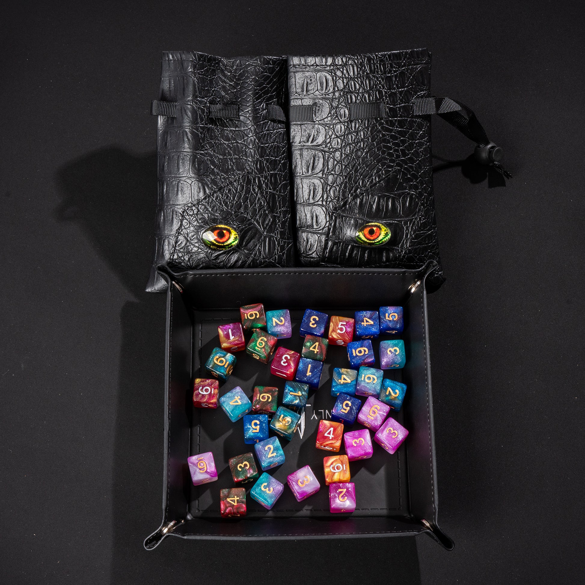 Collector's Dragon Eye Dice Bundle with Dragon Eye dice bags, premium dice tray, and colorful d6 dice for tabletop RPGs and board games