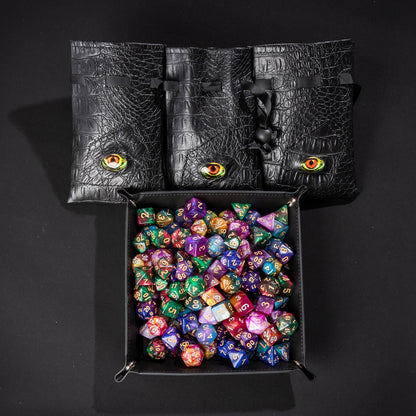 Collector's Dragon Eye Dice Bundle with Dragon Eye dice bags and premium dice tray filled with assorted DnD dice for tabletop gaming
