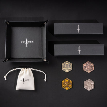 Collector's Floral Dice Bundle accessories featuring Only Crits dice tray, Crit Cache dice bag, metal inspiration coins, and premium DnD dice gift set