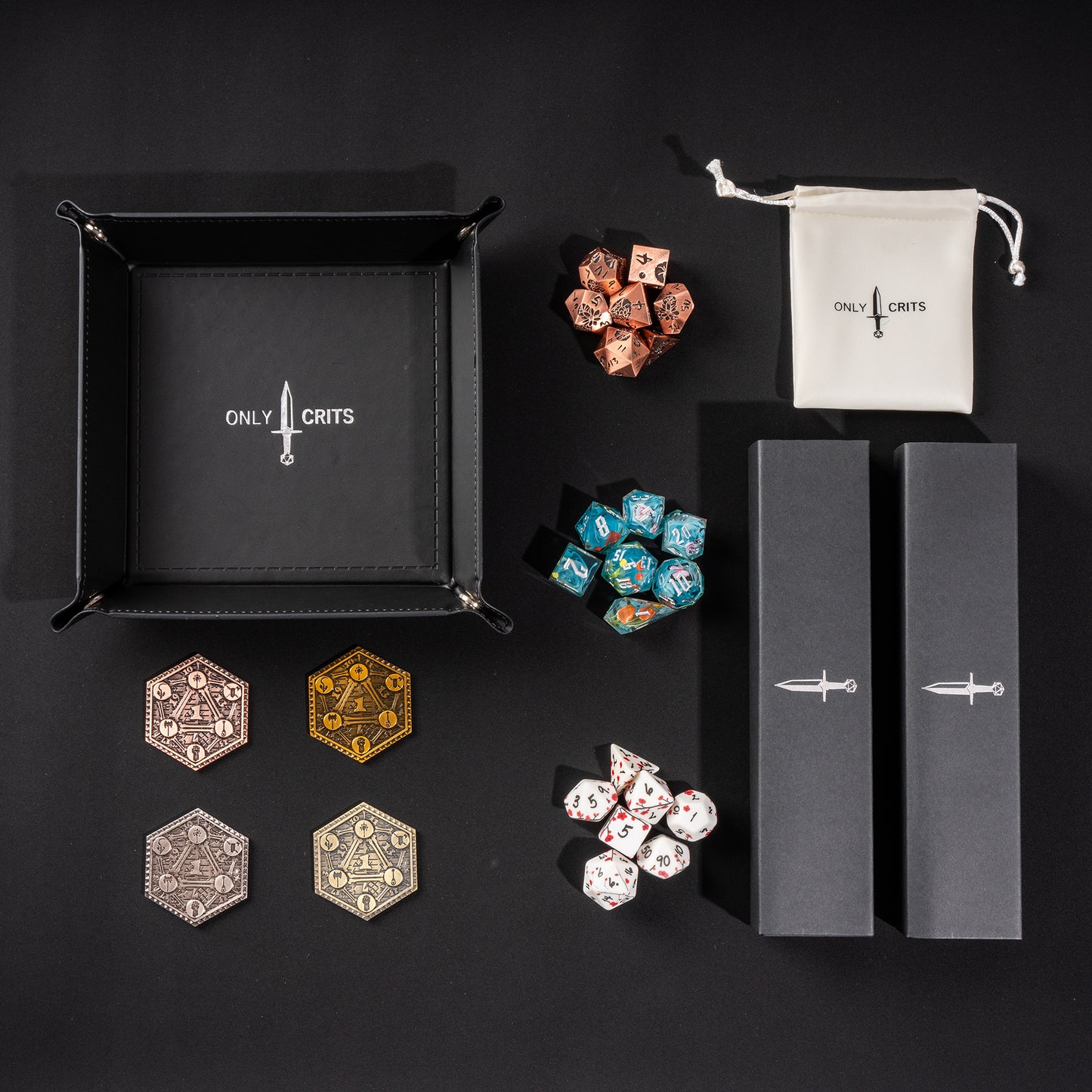 Collector's Floral Dice Bundle with Plum Blossom dice, Floral Mist sharp edge dice, Rose Gold Lotus Blossom metal dice, Only Crits tray, and inspiration coins