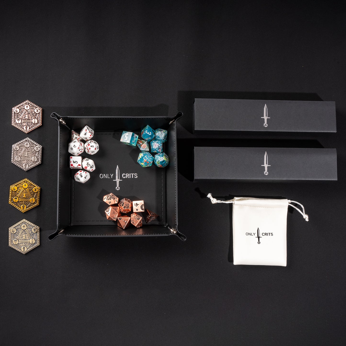 Collector's Floral Dice Bundle including premium DnD dice, Only Crits dice tray, Crit Cache dice bag, and collectible metal inspiration coins
