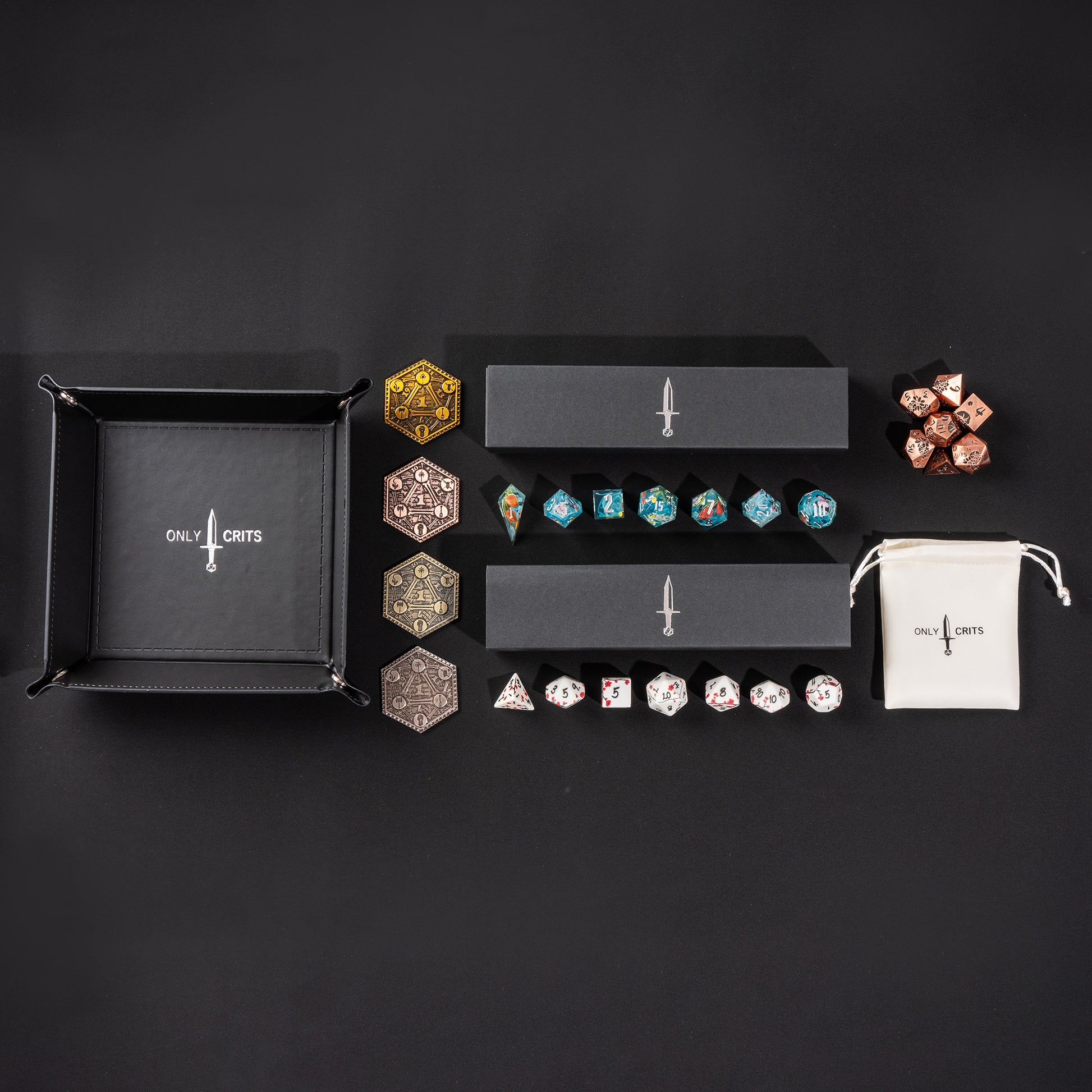 Collector's Floral Dice Bundle arranged with floral DnD dice, premium dice tray, Crit Cache dice bag, and metal inspiration coins for tabletop RPG players