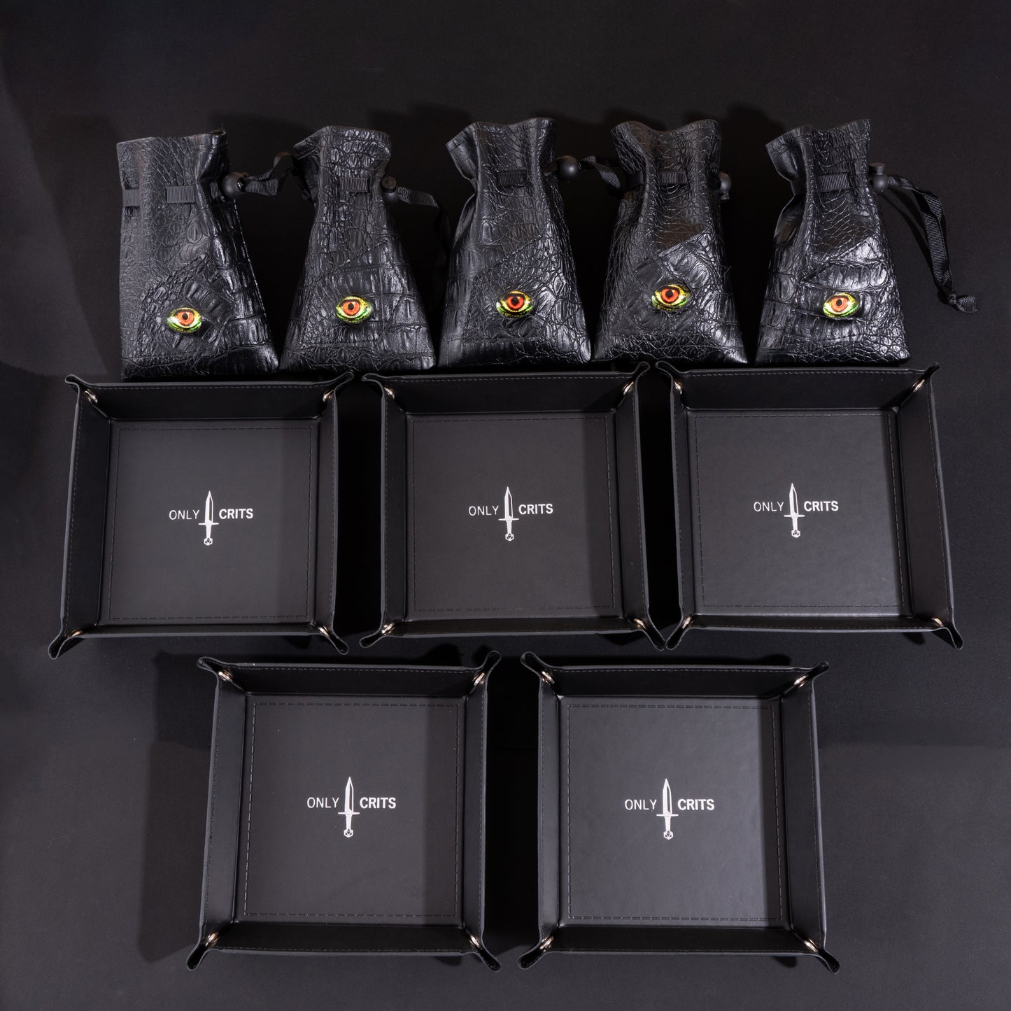 Collector's Multi Dice Bundle displaying five Dragon Eye dice bags and five premium Only Crits dice trays for organizing tabletop RPG dice collections