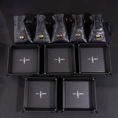 Collector's Multi Dice Bundle displaying five Dragon Eye dice bags and five premium Only Crits dice trays for organizing tabletop RPG dice collections