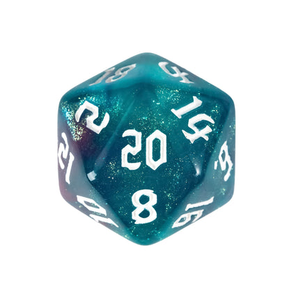 Teal shimmer D20 from the Color Splash Dice Collection with white numbering and sparkling resin finish