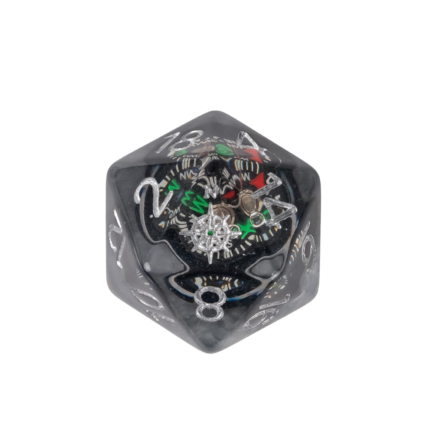 Close up of Compass Core D20 featuring a miniature compass inclusion suspended in smoky clear resin with silver numbering
