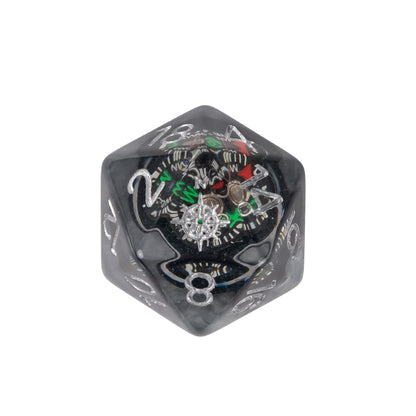 Close up of Compass Core D20 featuring a miniature compass inclusion suspended in smoky clear resin with silver numbering