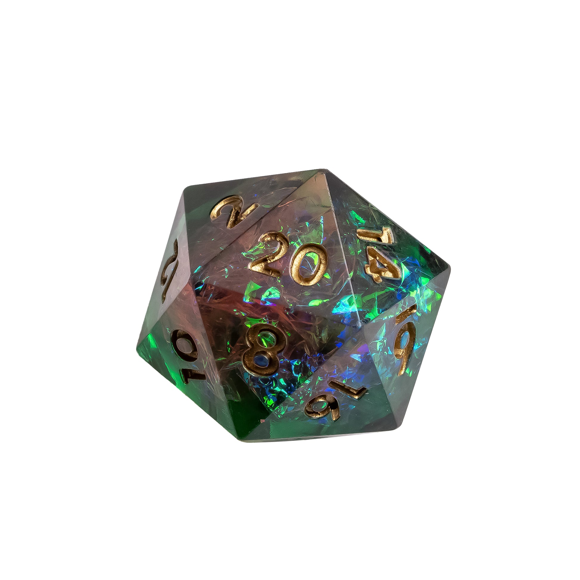 Constellations Essence sharp edge D20 in translucent green resin with gold numbers for DnD