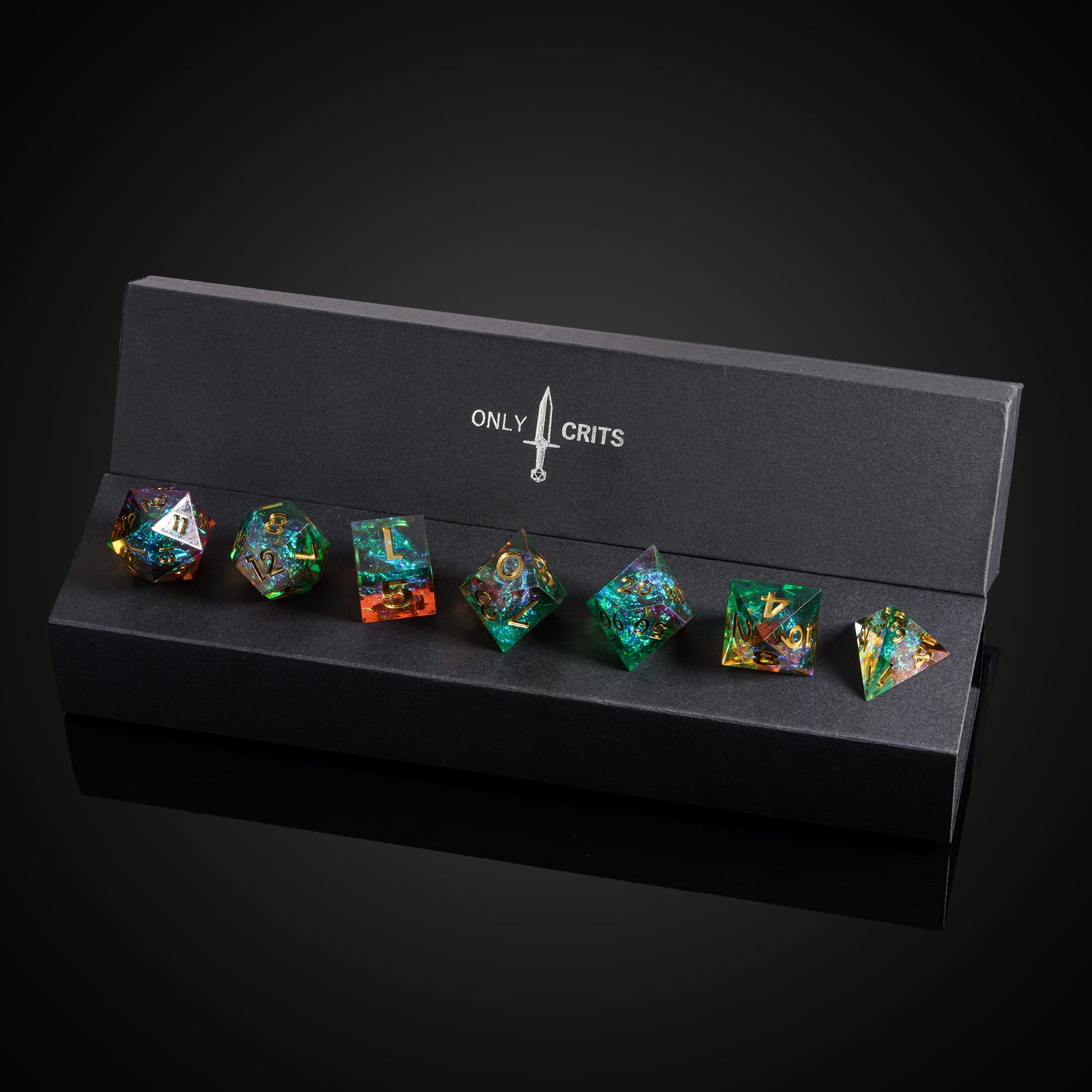 Constellations Essence sharp edge dice set in display box for DnD and RPG, multicolor resin with gold numbers