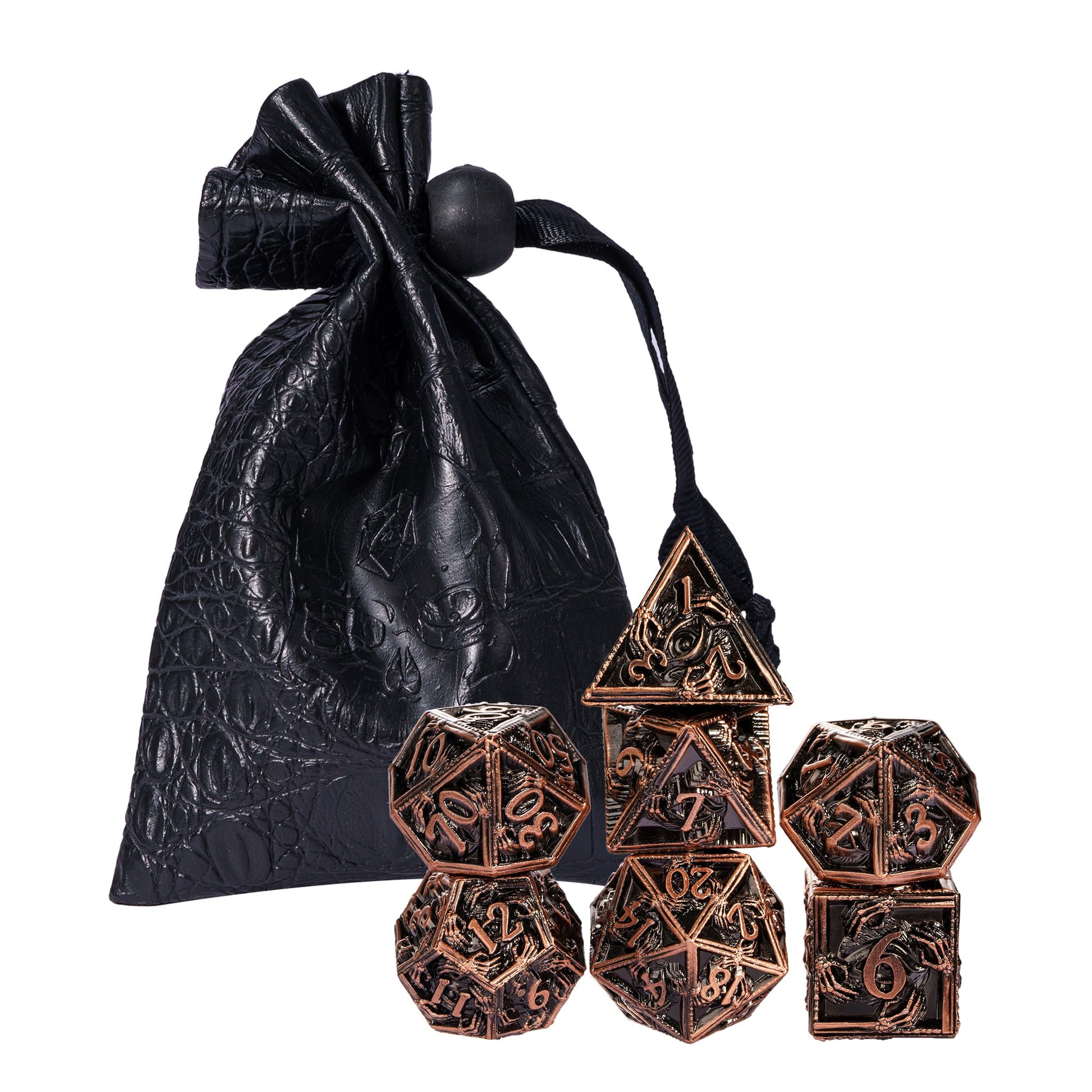 Copper Relic Metal Dice Set stacked with black dice bag