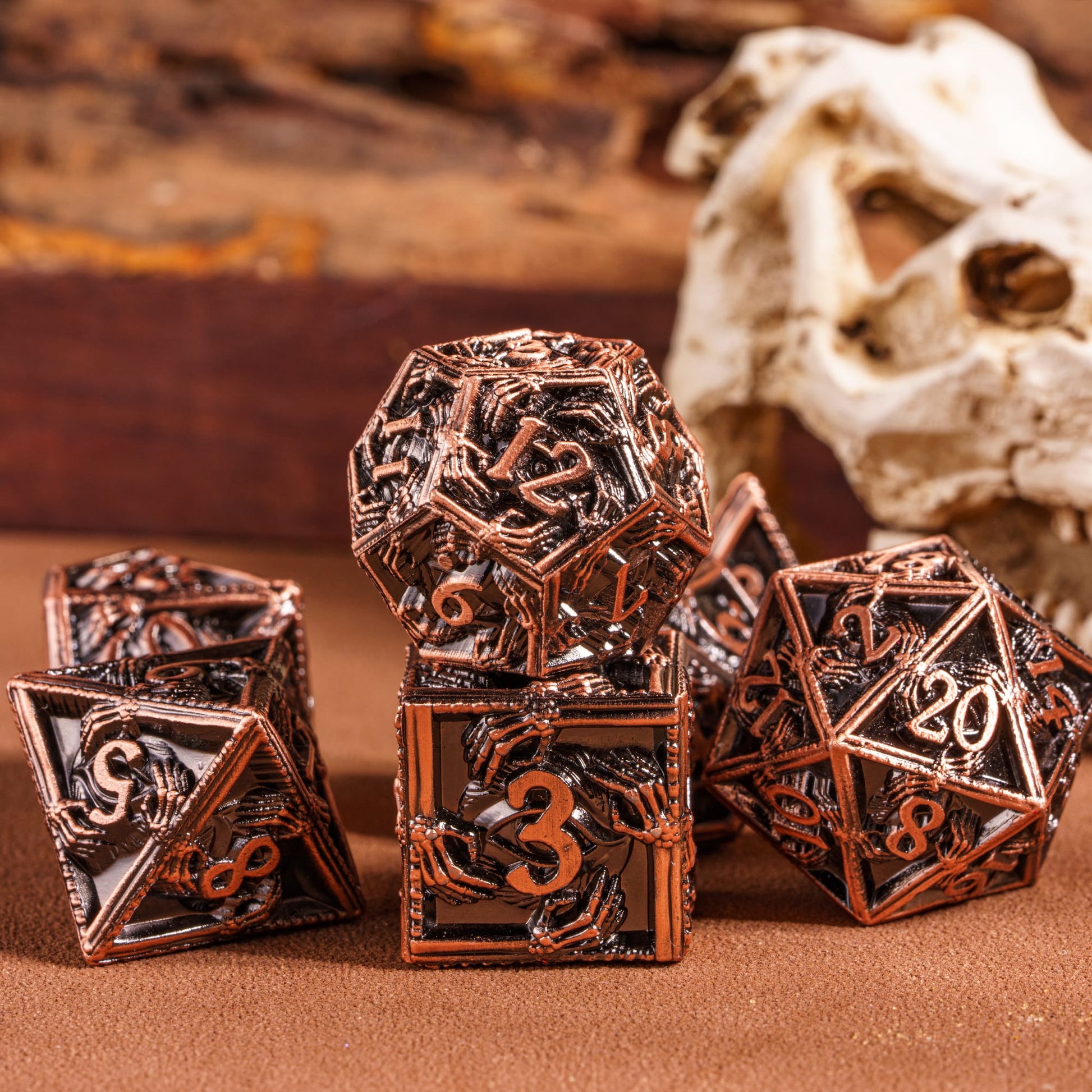 Copper Relic Metal Dice Set stacked in closeup view with intricate detail