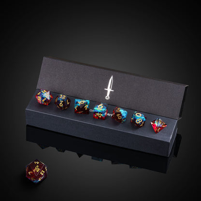 Corrupted Cobalt F*ck Me Sharp Edge Dice set in branded box with all seven dice visible