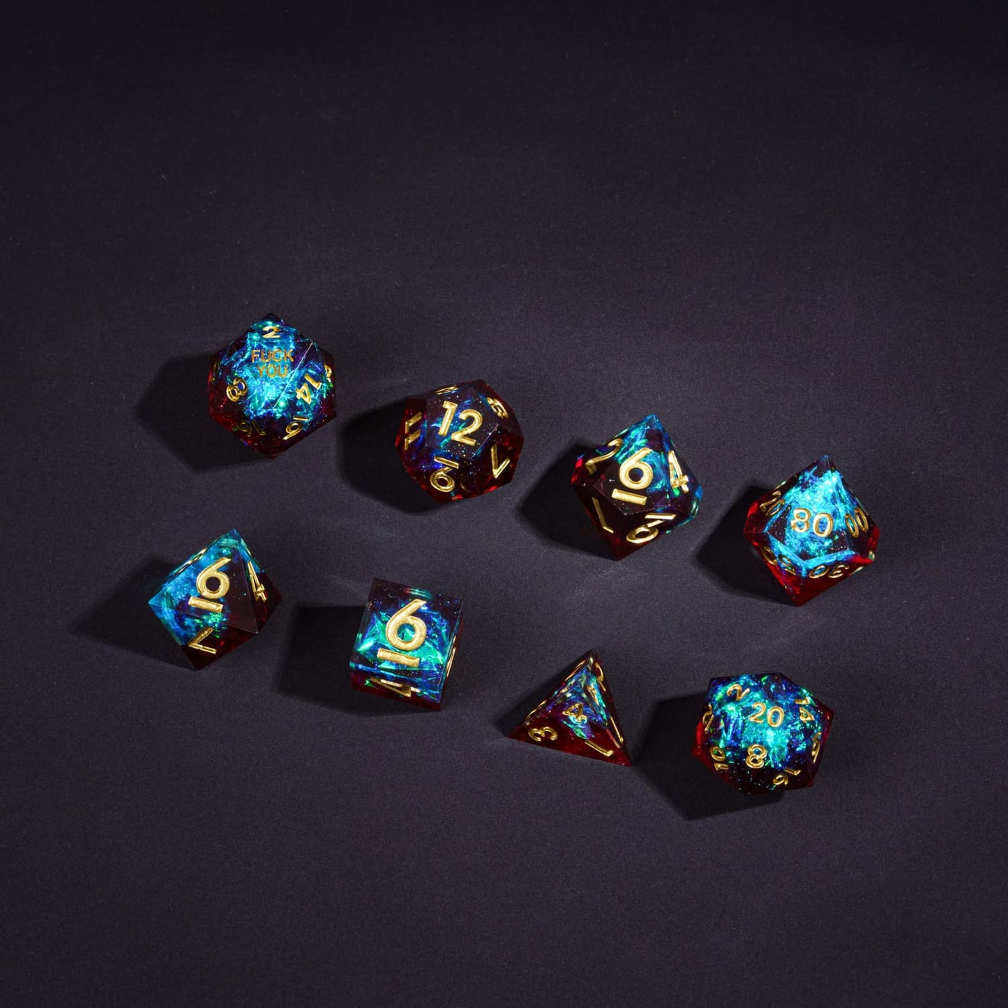 Corrupted Cobalt F*ck Me Sharp Edge Dice full 7-piece set with shimmering resin finish