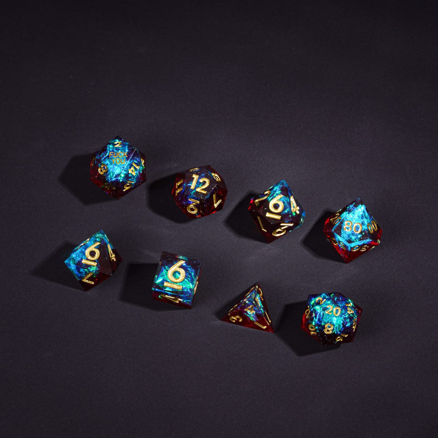 Corrupted Cobalt F*ck Me Sharp Edge Dice full 7-piece set with shimmering resin finish