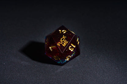 Corrupted Cobalt F*ck you Sharp Edge D20 closeup with gold numbers and deep blue-red resin