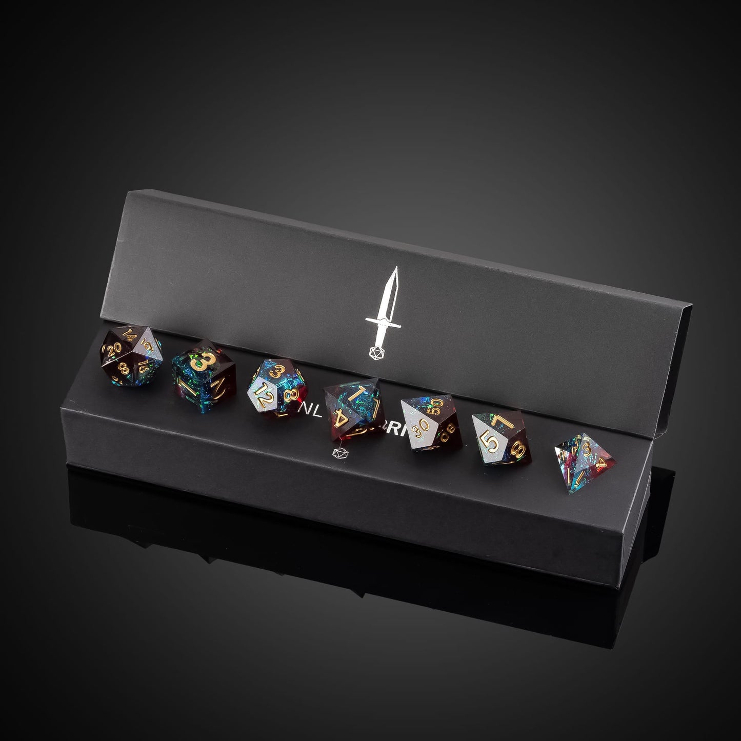 Corrupted Cobalt sharp edge dice set displayed in presentation box for DnD