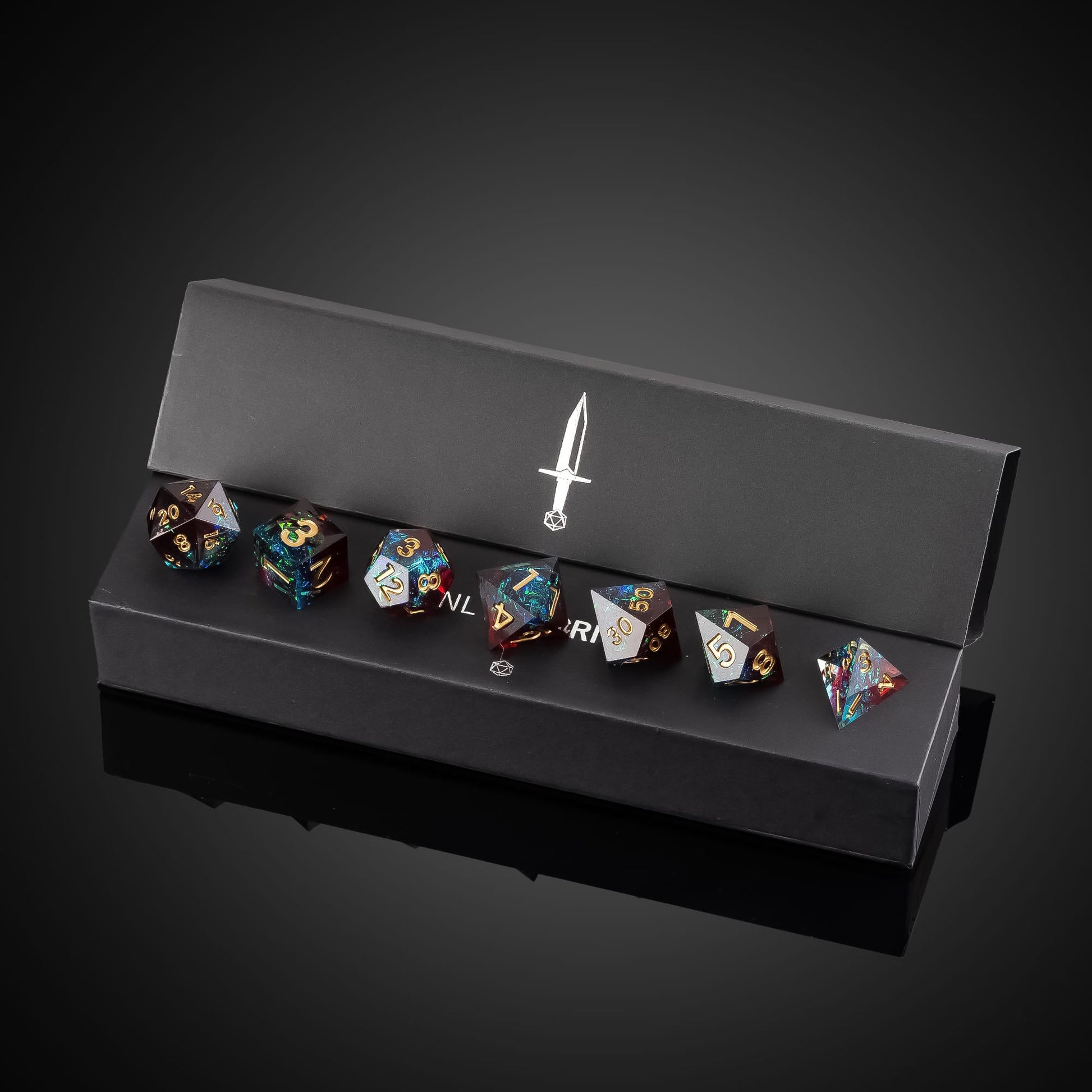 Corrupted Cobalt sharp edge dice set displayed in presentation box for DnD