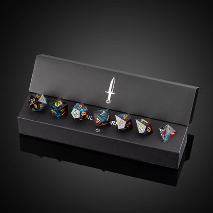 Corrupted Cobalt sharp edge dice set displayed in presentation box for DnD