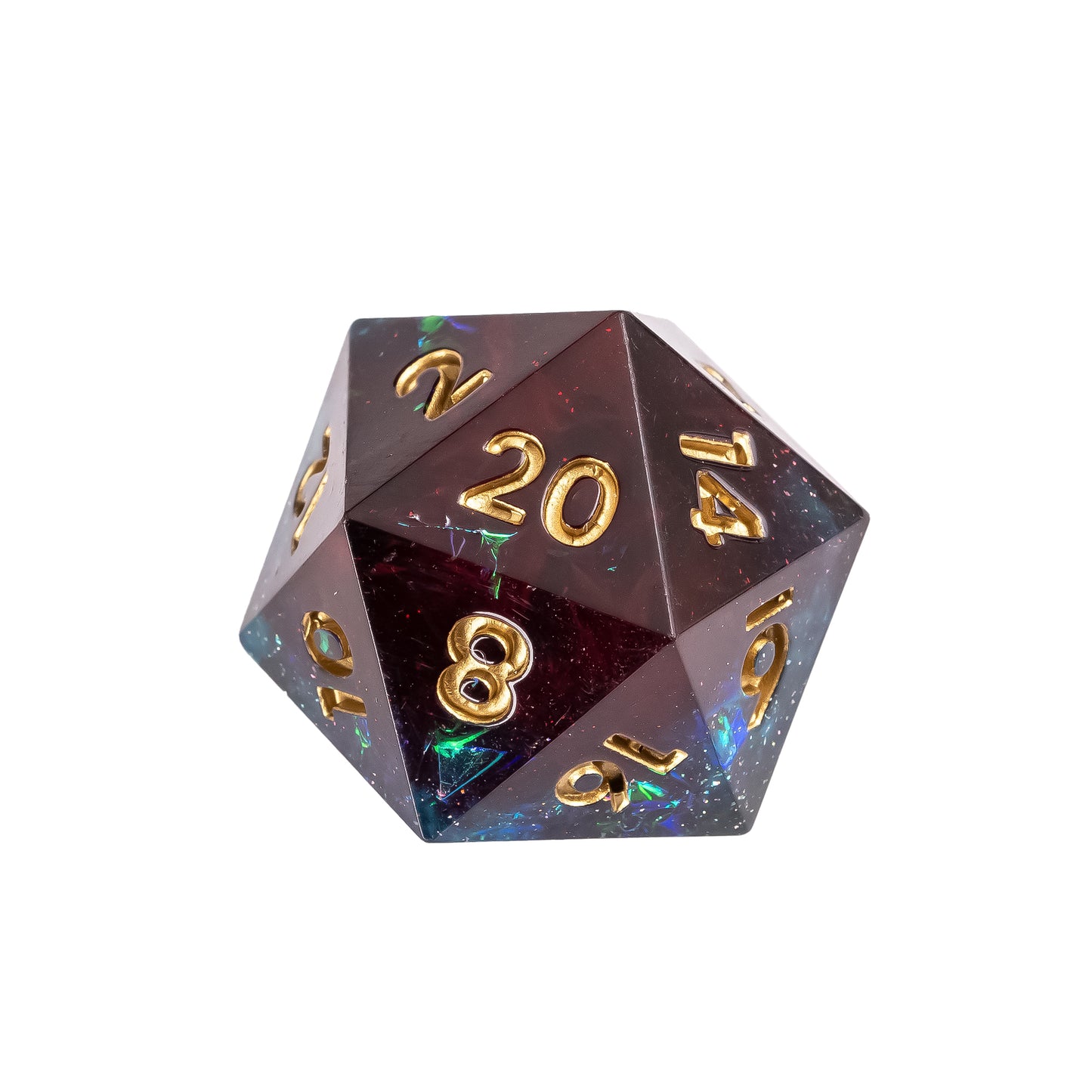 Close-up of Corrupted Cobalt Sharp Edge D20 featuring deep cobalt resin with red and teal shimmer flakes and gold numbers for DnD