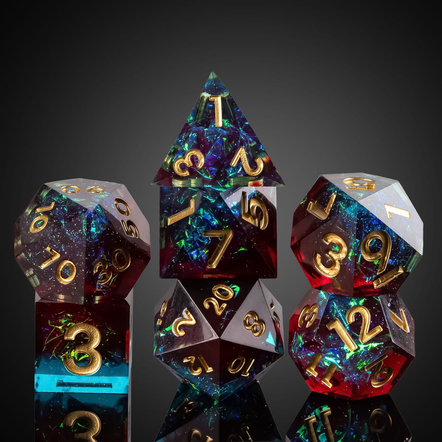 Stacked Corrupted Cobalt sharp edge resin dice set for DnD and DnD 5e