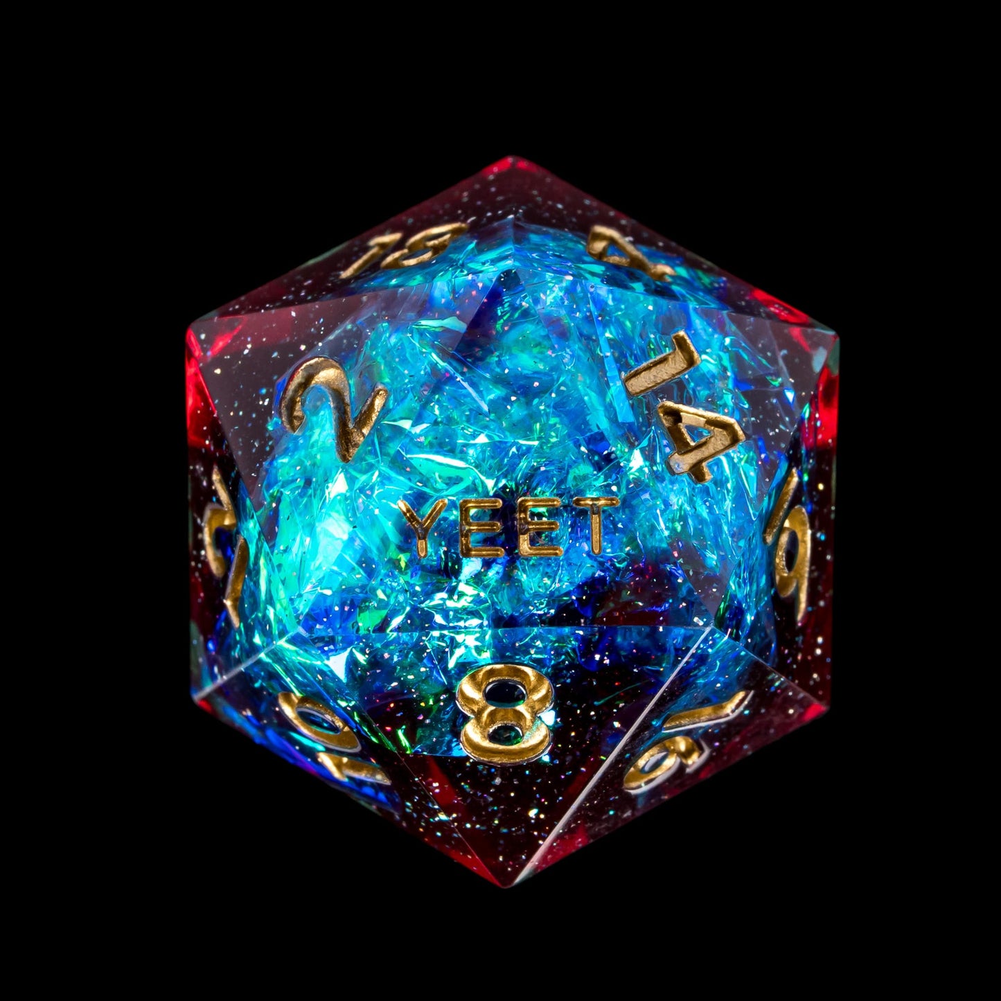 Corrupted Cobalt Yeet Sharp Edge D20 closeup with gold numbers and deep blue-red resin