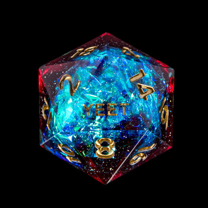 Corrupted Cobalt Yeet Sharp Edge D20 closeup with gold numbers and deep blue-red resin