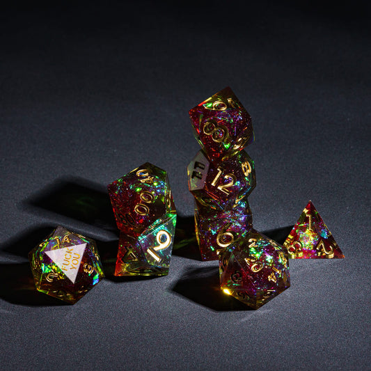 Corrupted Meadow F*ck Me sharp edge dice set stacked showing iridescent holographic resin