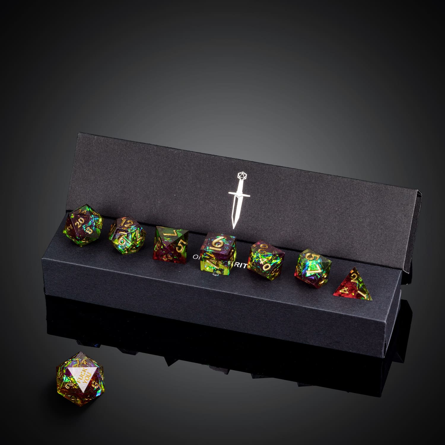 Corrupted Meadow F*ck Me sharp edge dice set in black display box with glowing rainbow resin