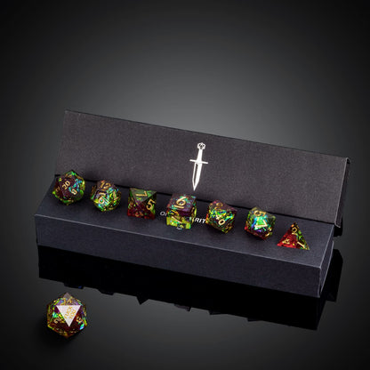 Corrupted Meadow F*ck Me sharp edge dice set in black display box with glowing rainbow resin