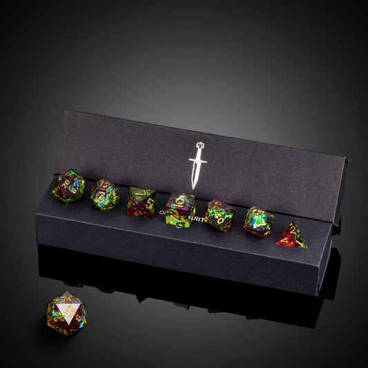 Corrupted Meadow F*ck Me sharp edge dice set in black display box with glowing rainbow resin