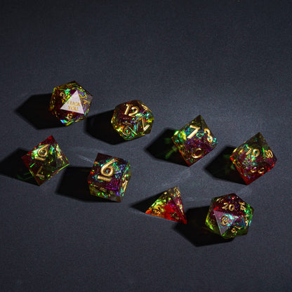 Full 7-piece Corrupted Meadow F*ck Me sharp edge dice set with rainbow sparkle and gold numbering
