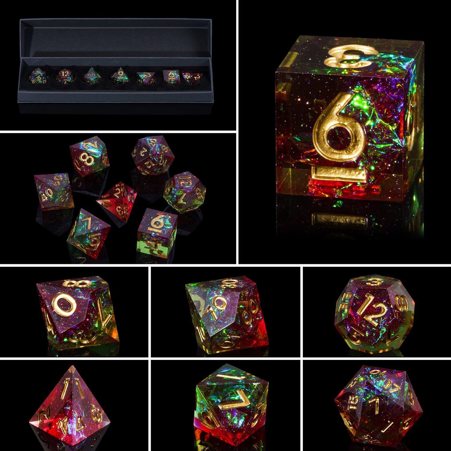 Closeup collage of Corrupted Meadow sharp edge dice for DnD and DnD 5e, gold numbering