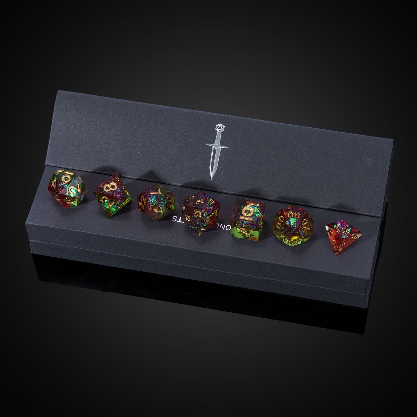 Corrupted Meadow sharp edge DnD and DnD 5e dice set in black presentation box
