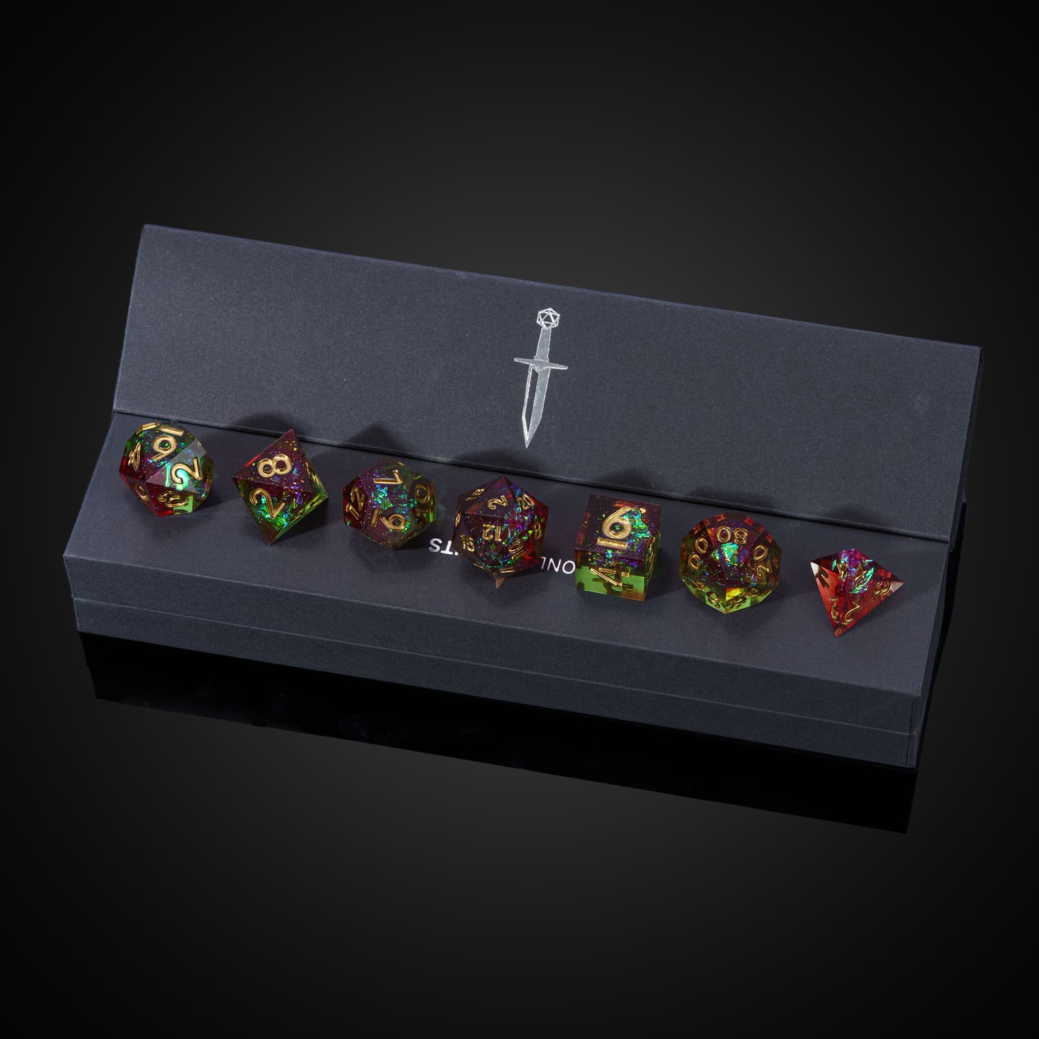 Corrupted Meadow sharp edge DnD and DnD 5e dice set in black presentation box