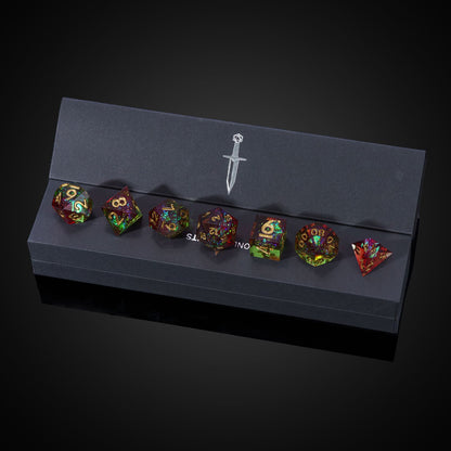 Corrupted Meadow sharp edge DnD and DnD 5e dice set in black presentation box